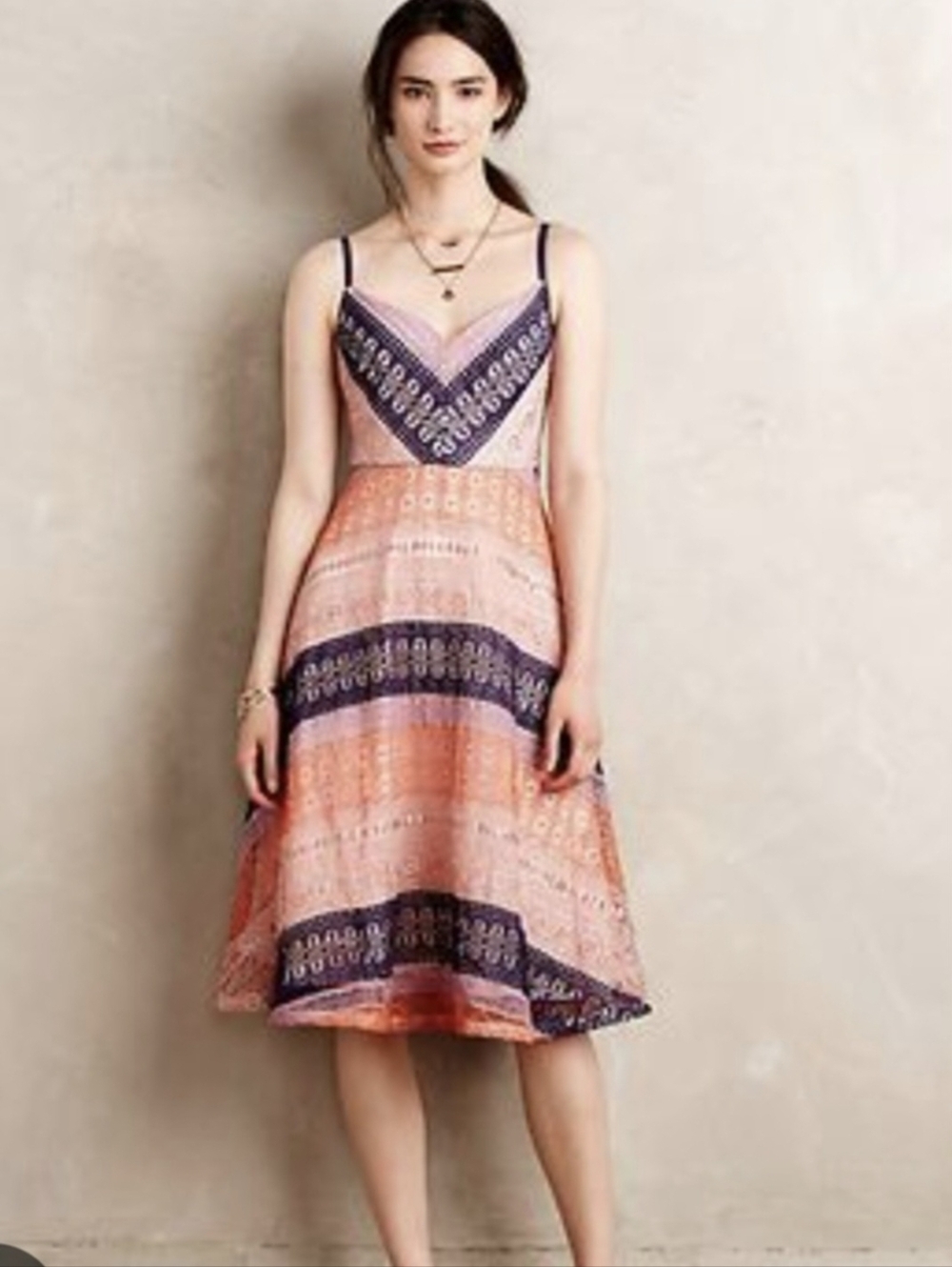 Anthropologie Peach and Purple Spaghetti-Strap Midi Dress Small